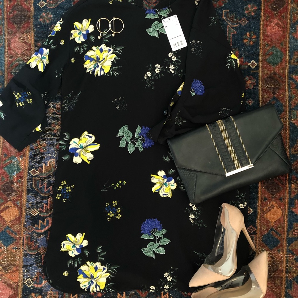 MANGO Black and Floral Print Dress